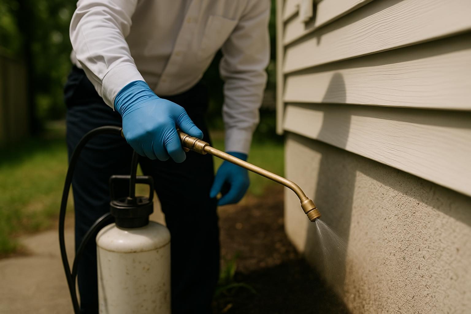 A pest control pro treating the exterior of a Valdosta home